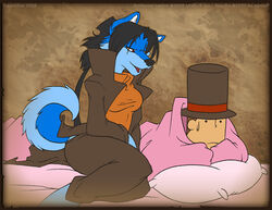 2009 alternate_costume anthro bed canid canine canis clothing_swap cosplay duo female furniture human level-5 male mammal professor_layton professor_layton_(series) spunky_(artist) spunky_(spunky) tail wolf