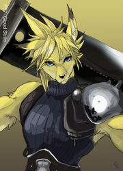 alternate_species anthro black_nose blonde_hair blue_eyes broadsword buster_sword canid canine clothed clothing cloud_stance cloud_strife dipstick_ears ear_markings final_fantasy final_fantasy_vii fox front_view frown fur furrification hair kiki-uma male mammal melee_weapon multicolored_ears shoulder_guards solo square_enix sword weapon yellow_body yellow_fur