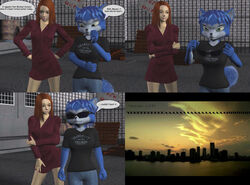 3d_(artwork) anthro blue_body blue_fur blue_hair canid canine city cityscape clothed clothing comic csi:_miami daymond42 dialogue digital_media_(artwork) duo english_text eyewear female fox fur hair hi_res humor krystal_(charleyfox) krystal_(star_fox) mammal nintendo pun shirt_logo star_fox sunglasses tail text white_body white_fur