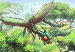 ambiguous_gender arthropod detailed_background english_text feral flygon flying generation_3_pokemon insect_wings insects membrane_(anatomy) membranous_wings nature nintendo outside plant pokemon pokemon_(species) realistic red_eyes ruth-tay signature sky solo spread_wings tail text tree wings wood