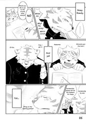 anthro canid canine canis comic dialogue domestic_dog duo english_text eyewear felid goggles greyscale hard_translated hi_res kenn male mammal monochrome pantherine text third-party_edit tiger translated translation_edit