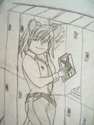 3:4 anthro belt book clothed clothing da_sachamo female fully_clothed graphite_(artwork) greyscale holding_book holding_object locker mammal monochrome mouse murid murine necktie pencil_(artwork) playboy_bunny_logo portrait rodent school solo tail three-quarter_portrait traditional_media_(artwork)