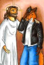 anthro beard brown_hair canid canine christianity duo facepalm facial_hair felid fox hair hollyann humor jesus_christ leather lion male mammal pantherine religion tail traditional_media_(artwork)