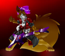 anthro breasts canid canine cleavage clothed clothing female green_eyes guitar integra jacket mammal musical_instrument necktie playing_guitar playing_music plucked_string_instrument severus solo string_instrument tail topwear