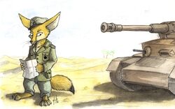 2010 anthro canid canine clothing desert erwin_rommel fennec_fox fox german hufnaar male mammal map military nazi outside panzer panzerkampfwagen_(tank) panzerkampfwagen_iv_(tank) signature solo tail tank true_fox uniform vehicle wehrmacht