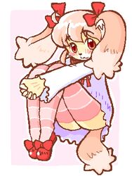 3:4 :3 aliasing anthro arms_together bent_legs biped blush border bow_(feature) bow_accessory canid canine canis cel_shading clothing digital_media_(artwork) dipstick_ears dipstick_tail domestic_dog dress ear_bow ear_markings extended_arms feet_together female footwear fur hair hands_on_leg hands_on_own_leg hands_on_own_shin hands_on_shin hands_together holding_both_legs holding_both_shins interlocked_fingers itou_sora kin-shun knees_pulled_up knees_together legs_together legwear long_ears looking_at_viewer low_res mammal markings multicolored_ears multicolored_tail pink_body pink_fur pink_hair red_eyes ribbons shaded shoes short_hair sitting smile solo tail tail_markings twin_bows twin_ear_bows white_border