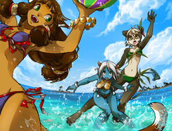 ankama ball bamboo bamboo_object beach beach_ball bear bikini breasts clothed clothing cloud demon detailed_background dofus domestic_cat ecaflip enaibi felid feline felis female group holding_ball holding_beach_ball holding_object holding_pool_toy horn inflatable mammal osamodas outside pandawa partially_submerged sea seaside skimpy sky small_breasts swimwear tail tight_clothing wakfu water