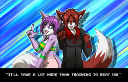 anthro armband biped black_clothing black_topwear bottomwear bra canid canine clothed clothing countershade_face countershade_torso countershading crop_top digital_media_(artwork) dipstick_tail duo ear_piercing english_text erikku eye_through_hair female fist fox foxxieangel front_view fur game_over gameplay_mechanics gesture green_clothing green_eyes green_topwear hair half-length_portrait hand_gesture jessie_(erikkuthefox) male mammal markings midriff multicolored_clothing multicolored_tail one_eye_closed open_mouth pattern_background pattern_clothing pattern_topwear piercing pink_bottomwear pink_clothing pointing pointing_at_viewer portrait purple_body purple_fur purple_hair red_eyes red_hair shirt side_view simple_background standing striped_background striped_clothing striped_topwear stripes tail tail_markings text topwear translucent translucent_hair tube_top two_tone_tail underwear white_body white_countershading wink winner yellow_clothing yellow_topwear