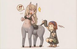 ?! agro_(shadow_of_the_colossus) blonde_hair breasts brown_eyes centaur curious duo equid equid_taur european_mythology exclamation_point female ganten gatten greek_mythology hair hooves horse_tail human humanoid_taur japan_studio_(game_developer) mammal mammal_taur monster_girl_(genre) mythology question_mark raised_tail shadow_of_the_colossus shigatake simple_background sony_corporation sony_interactive_entertainment surprise tail taur team_ico_(game_developer) wander_(shadow_of_the_colossus) white_background