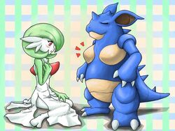 4:3 abstract_background anthro blush breast_envy breasts closed_eyes comparing comparing_breasts dokudoku10 duo female gardevoir generation_1_pokemon generation_3_pokemon kneeling looking_at_another looking_at_another&#039;s_breasts looking_at_breasts mammal nidoqueen nintendo pokemon pokemon_(species) pokemorph red_eyes shadow small_breasts spikes stare tail