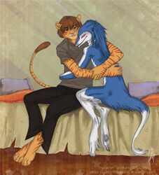 anthro bed blue_body blue_fur blue_hair brown_hair closed_eyes collar cuddling digitigrade duo felid fur furniture hair hybrid inside liger lion male male/male mammal markus_(dowantanaccount) pantherine romantic romantic_couple sergal tail vagabondbastard