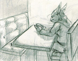 2010 anthro beverage biped blue_mood cafe closed_eyes clothing coffee emotional felid feline female finalflight food furniture hoodie lynx mammal sitting sketch slice_of_life solo table topwear