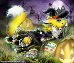 angello_cauich anthro bandai_namco biped black_sclera bone canid canine clothing collar cosplay digimon digimon_(species) dipstick_tail dress female food fruit fur grass halloween hat headgear headwear holidays jack-o&#039;-lantern lace lying magic_user mammal markings on_side plant pumpkin renamon skull solo tail tail_markings white_body white_fur witch witch_hat yellow_body yellow_fur