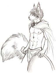 abs anthro atreus_(speed) biped bottomwear cape clothing fluffy fluffy_tail hair holding_object loincloth male mammal monochrome navel nipples rodent sciurid shield short_hair simple_background solo spartan_(roman) speed_(artist) standing tail tree_squirrel white_background