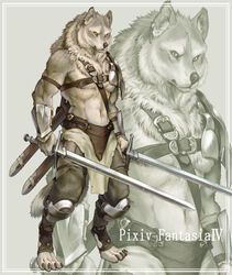 4_toes 5_fingers afd-yred anthro armor black_nose border canid canine canis digitigrade dual_wielding ear_piercing feet fingers fur gladiator grey_background grey_body grey_fur holding_melee_weapon holding_object holding_sword holding_weapon kouta koutanagamori looking_at_viewer male mammal melee_weapon piercing pixiv_fantasia_iv plate_armor scabbard shoulder_guards simple_background solo sword tail toes vambrace warrior weapon wolf yellow_border yellow_eyes zoom_layer