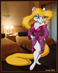 2006 animaniacs anthro antti_remes bathrobe bedroom border breasts cleavage clothed clothing digital_media_(artwork) female inside mammal minerva_mink mink mustelid musteline orange_border photo_background photography_(artwork) robe solo tail true_musteline warner_brothers