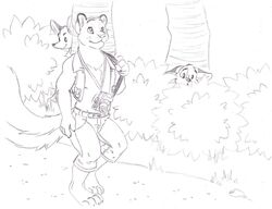 anthro barefoot citra clothed clothing feet felid fluffy fluffy_tail graphite_(artwork) greyscale group hal_(halbean) halbean leopard looking_at_another male mammal monochrome outside pantherine peeping pencil_(artwork) solo_focus tail traditional_media_(artwork) walking wood