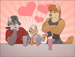 anthro beverage breasts canid canine canis cigar dingo domestic_dog dwarfism female group heart_symbol keovi keovi_(character) male mammal milkshake one_eye_closed pink_nose tail wink wolf