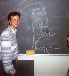 1996 5_fingers anthro archived_source big_tail canid canine chalk chalkboard clothed clothing duo_focus eurofurence female fingers fluffy fluffy_tail fox grandfathered_content group human information_board looking_at_viewer mammal photography_(artwork) real samuel_jirenius smile standing tail