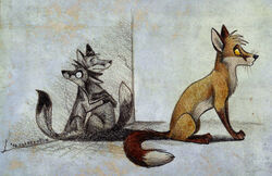 2010 altered_shadow canid canine closed_eyes culpeofox digitigrade duality embrace feral fox group hug i_love_my_shadow looking_back male mammal shadow sitting solo_focus surreal tail traditional_media_(artwork) whiskers yellow_eyes