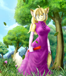 angello_cauich anthro armwear canid canine classy clothing detailed_background dress elbow_gloves female fox gloves grass hand_fan handwear hi_res leaf mammal miranda_niseru nature outside plant sky solo tail tree wood