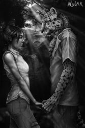 2009 2:3 anthro detailed_background digital_media_(artwork) duo eye_contact felid female female_on_anthro forest fur greyscale hand_holding human human_on_anthro interspecies jaguar jungle looking_at_another male male/female male_on_human mammal monochrome nature nylak outside pantherine photorealism plant portrait rainforest romantic romantic_couple side_view three-quarter_portrait tree