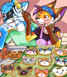 :3 anthro apron arctic_fox bandana biped black_body black_fur black_nose blue_bandanna blue_body blue_clothing blue_fur blue_hair blue_headkerchief blue_kerchief blue_nose brown_body brown_ears brown_fur brown_hair canid canine cheek_tuft closed_eyes clothed clothing colorful_theme cookie dark_nose detailed_background duo eating facial_tuft female floor food fox fur green_clothing green_shirt green_topwear hair headkerchief holding_cookie holding_food holding_object holding_spatula holding_tool inner_ear_fluff inside internal_wall kalida kalida_(character) kerchief kitchen_spatula kitchen_utensils lidded_eyes light_hair looking_at_object looking_at_spatula male mammal monotone_apron monotone_bandanna monotone_clothing monotone_hair monotone_headkerchief monotone_kerchief monotone_shirt monotone_topwear multicolored_body multicolored_ears multicolored_fur neck_tuft nom open_mouth orange_body orange_ears orange_fur purple_apron purple_body purple_clothing purple_eyes purple_fur purple_hair red_eyes red_tongue shirt short_hair silkenpaws smile source_request spatula t-shirt tongue tools topwear true_fox tuft two_tone_ears wall_(structure) white_body white_fur yellow_body yellow_fur