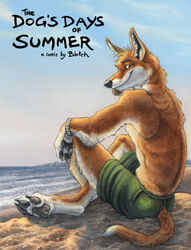 anthro beach blotch bottomwear canid canine claws clothed clothing cloud detailed_background diego_(blotch) english_text furgonomics looking_at_viewer low_res male mammal outside sand sea seaside shorts sky solo tail tail_clothing text the_dog&#039;s_days_of_summer topless water