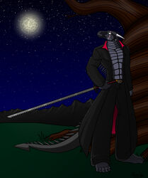 5_toes anthro athletic barefoot belt big_muscles biped black_body black_scales blade bottomwear claws clothed clothing detailed_background dragon feet green_eyes grey_body horn jacket katana male melee_weapon moon mountain muscular muscular_anthro muscular_male mythological_creature mythological_scalie mythology night pants pecs plant reptile sai saillestraife scales scalie scar shade_murcielago sky solo spines standing star starry_sky sword tail toe_claws toes topwear tree weapon