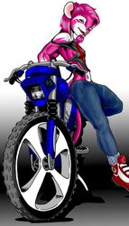 anthro clothed clothing dirt_bike female fur gradient_background green_eyes hair looking_at_viewer mammal motorcycle mouse murid murine pink_body pink_fur pink_hair rodent shane_nelson shayla_the_pink_mouse simple_background solo tail vehicle