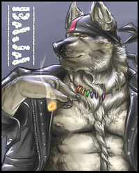 4:5 alternate_rainbow_pride_colors anthro baja body_hair canid canine canis cigar clothing freedom_rings happy_trail jacket jewelry leather leather_clothing leather_jacket leather_topwear lgbt_pride male mammal multicolored_jewelry multicolored_necklace necklace pride_color_accessory pride_color_jewelry pride_color_necklace pride_colors rainbow rainbow_jewelry rainbow_necklace rainbow_pride_colors rainbow_symbol rrowdybeast smoke smoking solo stated_homosexuality stated_sexuality topwear wolf