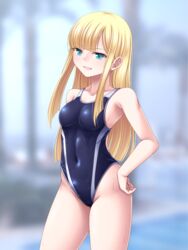  bare_shoulders blonde_hair blue_eyes blue_one-piece_swimsuit blurry blurry_background blush breasts clenched_teeth covered_navel fate_(series) female hand_on_own_hip highleg highleg_swimsuit long_hair looking_at_viewer lord_el-melloi_ii_case_files one-piece_swimsuit reines_el-melloi_archisorte sidelocks small_breasts solo swimsuit takanashi_tsukasa teeth thighs wet 