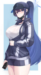  absurdres black_hat blue_archive blue_eyes blue_hair blue_jacket blue_shorts blush breasts cellphone choker collarbone cosplay female gym_uniform halo hasumi_(blue_archive) hasumi_(blue_archive)_(cosplay) hasumi_(track)_(blue_archive) hat high_ponytail highres jacket kanta_(kanta_077) large_breasts long_hair long_sleeves looking_at_viewer mask mask_pull mouth_mask phone ponytail saori_(blue_archive) shirt short_shorts shorts sidelocks solo visor_cap white_shirt 