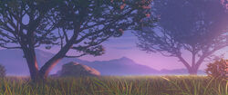  bush commentary_request evening gan-viking grass highres landscape mountainous_horizon no_humans original outdoors plain purple_sky revision scenery sky stone tree 