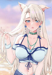  a-soul absurdres animal_ears blonde_hair blue_eyes breasts choker cleavage crop_top earrings eileen_(a-soul) female hand_up highres jewelry kirin3145 large_breasts long_hair looking_at_viewer navel necklace open_mouth pendant solo upper_body virtual_youtuber 