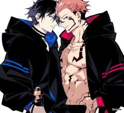  2boys abs aocvoooo black_hair black_nails black_pants blue_eyes chest_tattoo collar commentary_request extra_eyes facial_tattoo fushiguro_megumi hand_in_pocket hand_on_another&#039;s_hip hood hood_down jujutsu_kaisen long_sleeves looking_at_viewer male_focus multiple_boys muscular muscular_male neck_tattoo nipples no_shirt obliques pants pectorals pink_hair red_eyes ryoumen_sukuna_(jujutsu_kaisen) short_hair simple_background smile spiked_hair stomach_tattoo tattoo two-tone_hoodie undercut upper_body veins veiny_hands white_background yaoi 