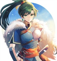  armor black_shirt blue_dress coat collared_shirt dress earrings female fire_emblem fire_emblem:_the_blazing_blade fur-trimmed_coat fur_trim green_eyes green_hair high_ponytail jewelry kro long_hair looking_at_viewer lyn_(brave_lady)_(fire_emblem) lyn_(fire_emblem) ponytail protected_link rope_belt sheath shirt simple_background smile solo sunlight sword very_long_hair weapon 