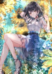  absurdres bare_legs black_hair blouse blue_bow blue_skirt blush bow breasts female flower highres long_hair looking_at_viewer medium_breasts motimoti067 original sandals shirt short_sleeves skirt smile solo strappy_heels sunflower underwater water white_shirt yellow_eyes 