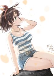  bare_legs black_hair bow breasts dated denim denim_shorts female green_eyes hand_on_own_ear harada_miyo highres idolmaster idolmaster_cinderella_girls jewelry listening looking_to_the_side medium_breasts necklace shikamax2 short_hair short_shorts shorts sitting solo striped_tank_top tank_top tareme thighs white_background 