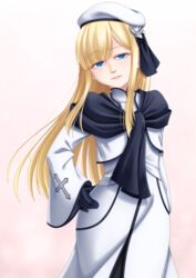  beret black_gloves black_pantyhose black_scarf blonde_hair blue_eyes blush breasts commentary_request cropped_jacket dress fate_(series) female flower gloves grey_flower grey_rose hand_on_own_hip hat highres jacket long_hair long_sleeves looking_at_viewer lord_el-melloi_ii_case_files pantyhose parted_bangs parted_lips reines_el-melloi_archisorte rose scarf sidelocks small_breasts smile solo swept_bangs takanashi_tsukasa thighs tilted_headwear white_dress white_hat white_jacket 