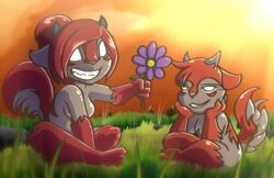  2020 absurd_res anthro breasts canid canid_demon crossed_legs demon duo female field flower fur grass grey_body grey_fur grin_(skashi95) grinion_(species) hair hi_res little_laughters male mammal meadow multicolored_body multicolored_fur plant raised_tail red_body red_fur red_hair sitting skashi95 smile smiley_cindy_(skashi95) tail teeth_showing two_tone_body two_tone_fur white_eyes 