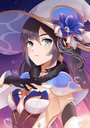  alternate_costume alternate_headwear artist_name black_choker black_gloves black_hair blue_eyes blue_flower breasts choker closed_mouth dakiarts earrings female flower genshin_impact gloves hair_between_eyes hat hat_flower hat_ornament highres jewelry leotard long_hair looking_at_viewer mona_(genshin_impact) purple_hair solo twintails upper_body 