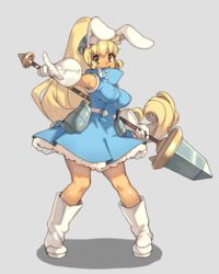  :d animal_ears armor blonde_hair blue_dress boots breasts brown_eyes commentary curled_ends dress english_commentary faulds female full_body gloves grey_background highres holding holding_polearm holding_weapon knee_boots large_breasts legs_apart long_hair looking_at_viewer open_mouth original pointing pointing_at_viewer polearm ponytail rabbit_ears rabbit_girl short_dress simple_background sleeveless sleeveless_dress smile solo spear standing very_long_hair vins-mousseux weapon white_footwear white_gloves 