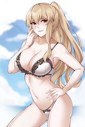  absurdres aslindsamure bangs bare_shoulders blonde_hair blue_sky blush bra breasts cleavage collarbone commentary female granblue_fantasy hair_between_eyes hand_on_hip highres large_breasts long_hair looking_at_viewer navel open_mouth paid_reward panties parted_lips patreon_reward ponytail red_eyes sidelocks sky smile solo thighs underwear vira_lilie white_bra white_panties 