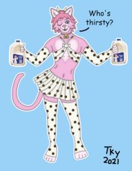  2021 anthro avery_(tackykat) blue_eyes bottomwear clothing collar cowbell dialogue domestic_cat english_text felid feline felis femboy fur hair heart_(marking) hi_res legwear looking_at_viewer male mammal markings one_eye_closed pattern_clothing pink_body pink_fur pink_hair simple_background skirt solo spots spotted_clothing tackykat text thigh_highs wink 