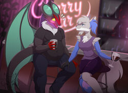  anthro bar blush bottomwear canid canine clothed clothing container cup delphox dragon drinking_glass duo emanata female flirting fully_clothed generation_6_pokemon glass glass_container glass_cup hand_on_leg inner_ear_fluff male male/female mammal matilda_(starthemutts) membrane_(anatomy) membranous_wings mythological_creature mythological_scalie mythology neck_tuft nintendo noivern overweight overweight_anthro overweight_male pants pokemon pokemon_(species) scalie shirt skirt tail topwear tuft v7eemx wine_glass wings 