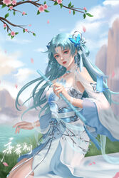  absurdres artist_request bare_legs branch butterfly_hair_ornament cherry_blossoms cloud douluo_dalu dress falling_petals female flute grass hair_ornament hair_rings highres holding holding_instrument instrument jewelry long_hair mountain outdoors parted_lips petals sash second-party_source solar_term solo tang_wutong_(douluo_dalu) tassel tassel_hair_ornament teeth water white_dress 