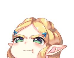  :t angry_dog_noises blush braid commentary female green_eyes hair_ornament hairclip lazoomaiga meme mixed-language_commentary pointy_ears portrait pout princess_zelda short_hair sidelocks solo the_legend_of_zelda the_legend_of_zelda:_tears_of_the_kingdom thick_eyebrows transparent_background twitter_username v-shaped_eyebrows wavy_mouth 