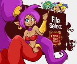  2021 6:5 accessory bandeau bolo_(shantae) breasts brown_body brown_skin cleavage clothed clothing crown ear_piercing ear_ring english_text female fingers genie green_hair group hair headband headgear hi_res holding_melee_weapon holding_object holding_sword holding_weapon human humanoid humanoid_pointy_ears legendofnerd male mammal melee_weapon midriff not_furry open_mouth piercing ponytail purple_hair ring_piercing risky_boots rottytops shantae shantae_(series) signature silhouette sky_(shantae) smile sword text tiara tinkerbat topwear wayforward weapon 