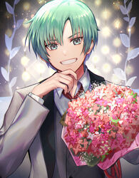  1boy bad_id bad_pixiv_id bouquet commentary flower formal green_hair grey_eyes highres holding holding_bouquet male_focus necktie penguu_(green528) shirt smile solo spada_belforma suit tales_of_(series) tales_of_innocence white_suit 